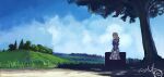  1girl absurdres blonde_hair blue_dress blue_sky clouds commentary day dress full_body grass hair_ribbon highres nicporim outdoors red_ribbon ribbon scenery shade signature sitting skirt sky solo tree violet_evergarden violet_evergarden_(series) white_skirt 