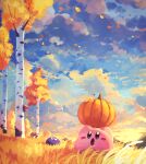  absurdres clouds cloudy_sky day gooey_(kirby) grass grasslands highres kirby kirby_(series) leaf looking_up mushroom open_mouth outdoors pumpkin sky suyasuyabi tree 