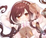  1girl bangs blush bow_hairband brown_hair coat commentary_request covering_mouth earmuffs eyebrows_visible_through_hair hair_between_eyes hairband headphones headset highres idolmaster idolmaster_cinderella_girls idolmaster_shiny_colors long_hair looking_at_viewer love_letter lying mittens on_ground osaki_amana smile snow solo sophie_(sophie1925) steam yellow_eyes 