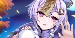 1girl bangs chinese_clothes dress genshin_impact hair_ornament hairclip hands hat jiangshi looking_at_viewer looking_down medium_hair moon night night_sky ofuda outdoors parted_lips purple_dress purple_hair qing_guanmao qiqi_(genshin_impact) ratto_(nora_ratto) sidelocks sky solo squatting star_(sky) thigh-highs tree violet_eyes white_legwear 