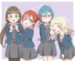  4girls absurdres bangs blonde_hair blue_eyes blue_hair blunt_bangs blush braid brown_hair character_name english_text eyebrows_visible_through_hair gradient_hair green_eyes hair_bun highres long_hair looking_at_viewer love_live! love_live!_superstar!! low_twintails multicolored_hair multiple_girls muramoh one_eye_closed onitsuka_natsumi pink_eyes pink_hair red_eyes redhead sakurakoji_kinako school_uniform short_hair smile twin_braids twintails wakana_shiki yoneme_mei yuigaoka_school_uniform 