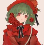  1girl absurdres alternate_costume bangs beret black_bow blush bow eyebrows_visible_through_hair flower green_hair hat highres light_smile looking_to_the_side macross macross_frontier osatsu_a ranka_lee red_eyes red_flower red_headwear short_hair smile solo 