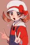  1girl :d blush_stickers bow brown_background brown_eyes brown_hair cabbie_hat commentary_request double_v eyelashes hat hat_bow heart highres long_hair looking_at_viewer lyra_(pokemon) momotose_(hzuu_xh4) open_mouth overalls pokemon pokemon_(game) pokemon_hgss red_bow red_shirt shirt smile solo twintails twitter_username upper_body v white_headwear 