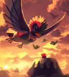  back bird birdon_(kirby) claws clouds cloudy_sky feathers flying green_fur highres kirby kirby_(series) looking_at_viewer looking_up mountain multicolored_fur red_fur scenery ship sky sun sunset suyasuyabi watercraft 
