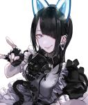  1girl \m/ animal_ears black_gloves black_hair blue_eyes breasts cat_ears ear_piercing earrings fingerless_gloves frills gloves hair_over_one_eye highres jewelry long_hair looking_at_viewer maid mask mask_around_neck original piercing simple_background smile solo toro3 white_background 