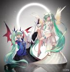  2girls angel angel_wings bare_shoulders breasts commentary_request demon_girl demon_wings detached_sleeves dress dual_persona fang full_body green_hair hair_between_eyes hatsune_miku high_heels highres lack long_hair looking_at_viewer multiple_girls official_art open_mouth pantyhose skin_fang small_breasts thigh_strap tongue twintails very_long_hair vocaloid wings yellow_eyes 