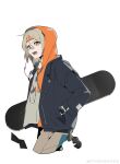  1girl absurdres alternate_costume arknights artist_name bandaid bandaid_on_face bandaid_on_nose black_jacket brown_hair brown_pants casual cropped_legs earphones hand_in_pocket headband highres hood hoodie ifrit_(arknights) jacket long_sleeves looking_at_viewer open_clothes open_jacket open_mouth pants red_eyes short_hair skateboard solo songweilaiyinzizhushitang tail v-shaped_eyebrows watch watch weibo_username 