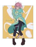  1boy amemura_ramuda bangs blue_eyes candy closed_mouth food full_body highres holding holding_food hood hood_down hoodie hypnosis_mic lollipop long_sleeves male_focus pink_hair reichio shoes short_hair sidelocks solo standing yellow_background 