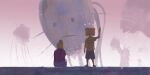  1boy 1girl absurdres agathe_&amp;_fregate blonde_hair blue_shorts brown_footwear commentary_request hair_bun hand_up highres nicporim object_head overalls pink_sky purple_shirt shirt short_sleeves shorts sitting standing waving white_bird yellow_shirt 