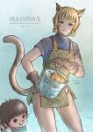  1boy 1girl 2021 animal_ears aqua_eyes artist_name avatar_(ff11) blonde_hair brown_gloves brown_hair bucket cat_ears cat_girl cat_tail closed_mouth copyright_name dated eyelashes facial_mark final_fantasy final_fantasy_xi gloves hair_tubes highres looking_at_viewer mithra_(ff11) piyoco romaji_text short_hair smile tail tail_raised tarutaru tongue tongue_out whisker_markings 