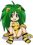  1girl animal_ears animal_hands animal_print breasts cat_ears cat_tail cham_cham fang full_body gloves green_eyes green_hair hiru_made_ne-tarou long_hair looking_at_viewer open_mouth paw_gloves paw_shoes samurai_spirits simple_background small_breasts smile solo tail tiger_print white_background 