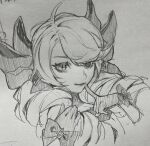  1girl ahoge bangs bow closed_mouth cropped_torso drill_hair gloves grey_background greyscale gwen_(league_of_legends) hair_bow hand_up highres index_finger_raised league_of_legends long_hair monochrome simple_background smile solo traditional_media twin_drills twintails wosashimi 