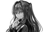  1girl closed_mouth greyscale hand_up komota_(kanyou_shoujo) long_sleeves looking_at_viewer monochrome original simple_background smile solo twintails white_background 