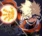  1boy bakugou_katsuki black_bodysuit blonde_hair bodysuit boku_no_hero_academia commentary_request hand_up happy_birthday highres kuwanosisyamo looking_at_viewer male_focus open_mouth red_eyes short_hair signature smile solo spiky_hair teeth torn_mask 