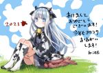  1girl 2021 absurdres animal_ears animal_print blue_eyes blue_hair blush child chinese_zodiac closed_mouth cow_ears cow_horns cow_print creature day dress fake_animal_ears fake_horns grass hairband highres horns komota_(kanyou_shoujo) long_hair long_sleeves looking_at_viewer lucette_(komota_(kanyou_shoujo)) on_grass original outdoors sitting smile socks solo tentacles year_of_the_ox 