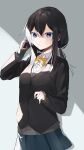  1girl black_hair blue_eyes blue_skirt blush bow cellphone cha_sakura eyebrows_visible_through_hair hair_between_eyes highres holding holding_phone long_hair looking_at_viewer multicolored_hair original parted_lips phone skirt sleeves_past_wrists solo sweat twintails white_hair yellow_bow 
