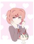  1girl :t blazer blue_skirt bright_pupils chocomiru closed_mouth collared_shirt commentary doki_doki_literature_club english_commentary food frown hair_intakes hair_ornament hair_ribbon hands_on_hips ice_cream jacket looking_at_viewer natsuki_(doki_doki_literature_club) neck_ribbon pink_eyes pink_hair pout ribbon school_uniform shirt short_hair skirt solo sundae sweater_vest two_side_up 