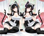  2girls animal_ears bad_id bad_pixiv_id black_hair black_legwear breasts cat_ears cat_tail choker large_breasts long_hair maid multiple_girls original panties pantyshot paw_pose pointy_ears red_eyes sitting tail thigh-highs underwear xter 