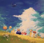  banana basket character_request closed_eyes clouds cloudy_sky floating flower food fruit gooey_(kirby) grass grasslands happy highres kirby kirby_(series) leaf mushroom open_mouth running sky smile stone suyasuyabi waddle_dee 