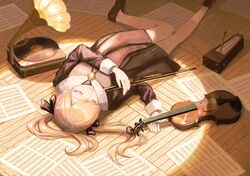  1girl absurdres black_dress blonde_hair bow_(music) closed_eyes dress dyuba000 highres instrument lying metronome on_back original phonograph school_uniform sheet_music sleeping solo twintails violin 