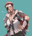  1boy armor badge cape collared_shirt eyepatch facial_hair fire_emblem fire_emblem_echoes:_shadows_of_valentia fire_emblem_heroes goatee hand_on_hip highres leather_belt leather_strap male_focus official_alternate_costume pectorals redhead ryoyamanashi saber_(fire_emblem) shirt shoulder_armor solo sword weapon 
