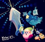  absurdres anniversary bat_wings covered_face flying frown gauntlets gloves glowing glowing_eyes hammer highres hood hoodie king_dedede kirby kirby&#039;s_dream_land kirby_(series) magolor mask meta_knight open_mouth running scarf scenery shiny ship shoulder_pads space star_(symbol) suyasuyabi sword text_focus tongue waddle_dee watercraft weapon wings 