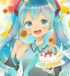  1girl 39 :d absurdres balloon bangs bare_shoulders blue_eyes blue_hair blush cake collared_shirt detached_sleeves flower food fork hair_ornament hairclip hatsune_miku highres holding holding_food holding_fork long_hair long_sleeves looking_at_viewer nagihoko nail_polish necktie open_mouth petals shirt sky sleeveless sleeveless_shirt smile solo sunflower tie_clip twintails vocaloid 