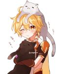  1boy aether_(genshin_impact) animal animal_on_head bangs black_headwear blonde_hair cat cat_on_head closed_eyes closed_mouth earrings genshin_impact holding holding_animal holding_cat jewelry norun_(ru-on) on_head short_hair twitter_username white_background white_cat yellow_eyes 