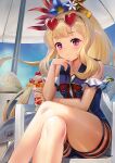  1girl artist_name beach_umbrella blonde_hair blue_swimsuit blush bow cagliostro_(granblue_fantasy) casual_one-piece_swimsuit chair collarbone commentary crossed_legs cup drinking_glass eyewear_on_head flower granblue_fantasy hair_flower hair_ornament hand_on_own_chin heart heart-shaped_eyewear highres holding holding_cup holding_spoon light_frown long_hair one-piece_swimsuit parfait ponytail red_bow red_ribbon ribbon sailor_collar signature sitting solo spoon sunglasses swimsuit thighs umbrella very_long_hair violet_eyes yapo_(croquis_side) 