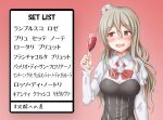  1girl alcohol anti_(untea9) brown_eyes corset cowboy_shot cup drinking_glass gradient gradient_background grey_hair hat kantai_collection long_hair mini_hat open_mouth pola_(kancolle) red_background shirt solo thick_eyebrows tilted_headwear twitter_username wavy_hair white_shirt wine wine_glass 