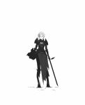  1girl absurdres armor closed_mouth commentary_request full_body greyscale highres holding holding_sword holding_weapon looking_at_viewer monochrome nicporim original short_hair simple_background solo standing sword weapon white_background 