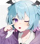  1girl archived_source black_wings blue_hair blush cha_sakura closed_mouth collarbone demon_wings eyebrows_visible_through_hair head_wings highres hood hood_down light_blue_hair mini_wings multicolored_hair one_eye_closed original pink_hair purple_hair short_hair solo tongue tongue_out translation_request twintails upper_body violet_eyes wings 