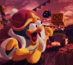  character_request clouds cloudy_sky covered_face flag flying gloves gooey_(kirby) grass hammer hat jacket king_dedede kirby kirby_(series) mask open_mouth outdoors pumpkin running sky sunset surprised suyasuyabi tongue tree 