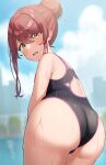  1girl absurdres ass bangs black_swimsuit blurry blurry_background blush brown_hair commentary_request day film_grain hair_between_eyes hair_bun highres idolmaster idolmaster_shiny_colors long_hair looking_at_viewer looking_back one-piece_swimsuit oosaki_tenka outdoors solo swimsuit wanimaru wet yellow_eyes 