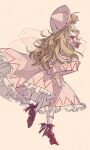  1girl absurdres blonde_hair commentary dress fairy_wings from_side highres leg_ribbon lily_white long_hair long_sleeves looking_away open_mouth petticoat pink_dress pink_headwear red_eyes red_legwear ribbon shoes socks solo togeppoi touhou white_legwear wide_sleeves wings 