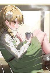  1girl absurdres blonde_hair blush cup dress earrings finger_to_mouth frilled_legwear green_dress highres holding holding_cup idolmaster idolmaster_cinderella_girls jewelry leaning_back looking_at_viewer morikubo_nono mug ningen_mame pleated_dress profile railing ringlets sitting solo steam stud_earrings wooden_floor 