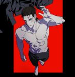  11114tai 1boy abs black_border black_hair black_legwear border collarbone eren_yeager facial_mark feet full_body green_eyes hair_bun jacket jacket_removed looking_at_viewer messy_hair muscular muscular_male red_background shingeki_no_kyojin simple_background sketch solo standing toned toned_male topless_male 