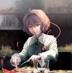  1girl alcohol bad_id bad_pixiv_id black_hairband blouse blue_shirt buttons closed_mouth commentary cup dinner drinking_glass eyebrows_visible_through_hair food fork frilled_shirt_collar frilled_sleeves frills fruit hair_between_eyes hair_ornament hairband heart heart_button heart_hair_ornament highres holding holding_fork holding_knife knife komeiji_satori kougekiryoku long_sleeves looking_down plate pomegranate purple_hair red_eyes ribbon_trim salad shirt short_hair slit_pupils smile solo steak third_eye touhou upper_body vase wine wine_glass 