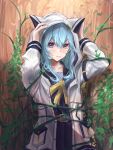  1girl absurdres animal_ears animal_hood bangs belt belt_buckle blue_belt blue_eyes blue_hair blush buckle cat_ears cat_hood closed_mouth collarbone day eyebrows_visible_through_hair fake_animal_ears forest hair_between_eyes highres hololive hood hood_up hooded_jacket hoshimachi_suisei jacket long_hair long_sleeves nature neck_ribbon open_clothes open_jacket outdoors ribbon solo user_tdjd4487 virtual_youtuber white_jacket yellow_ribbon 
