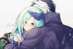  1boy 1girl black_hair blush bright_pupils brynhildr_(fate) cape closed_mouth couple fate/grand_order fate_(series) grey_background hetero hug lapis429 long_hair looking_at_viewer messy_hair multicolored_hair popped_collar purple_cape signature sigurd_(fate) smile two-tone_hair violet_eyes white_hair 