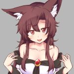  1girl animal_ear_fluff animal_ears bangs blush breasts brooch brown_eyes brown_hair collarbone commentary dress grey_background imaizumi_kagerou jewelry long_hair looking_at_viewer medium_breasts off-shoulder_dress off_shoulder open_mouth sidelocks simple_background solo touhou wolf_ears wool_(miwol) 
