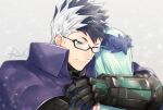 1boy 1girl black-framed_eyewear black_gloves black_hair blue_eyes brynhildr_(fate) cape closed_mouth couple fate/grand_order fate_(series) glasses gloves grey_background hetero hug lapis429 looking_away messy_hair multicolored_hair popped_collar purple_cape semi-rimless_eyewear shiny shiny_hair sign signature sigurd_(fate) smile two-tone_hair upper_body white_hair 