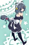  1girl ameyu_(rapon) animal_ear_fluff animal_ears bell black_hair black_legwear bow cat_ears cat_girl cat_tail collar dress flower frilled_collar frilled_dress frills full_body green_eyes green_hair hair_bell hair_ornament highres maid maid_headdress medium_hair multicolored_hair original streaked_hair tail tail_bow tail_flower tail_ornament two-tone_hair wrist_cuffs 