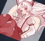  1girl bangs black_border blush border bow buttons closed_mouth collared_shirt commentary_request eyebrows_visible_through_hair eyelashes fujiwara_no_mokou grey_shirt grey_sky hair_bow hands_in_pockets juliet_sleeves long_hair long_sleeves looking_at_viewer moon ofuda ofuda_on_clothes pants puffy_sleeves red_bow red_eyes red_pants shirt sitting sky solo touhou white_bow white_hair yujup 