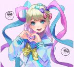  1girl aqua_bow bangs blue_eyes bow chouzetsusaikawa_tenshi-chan commentary_request eyebrows_visible_through_hair flypopo gradient_hair hair_bow hands_up heart heart_hands highres long_hair long_sleeves looking_at_viewer multicolored_hair multicolored_nails needy_girl_overdose open_mouth parted_bangs pink_background pink_bow purple_bow school_uniform serafuku simple_background smile solo upper_body 