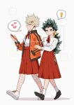  ! 2girls artist_name bakugou_katsuki bandaid bandaid_on_leg black_footwear blonde_hair boku_no_hero_academia bow breasts cellphone closed_mouth collared_shirt commentary earphones earphones freckles genderswap genderswap_(mtf) green_eyes green_hair hair_bow hair_ornament hairclip hand_in_pocket hand_on_another&#039;s_arm heart highres holding holding_another&#039;s_arm holding_phone jacket long_hair long_skirt long_sleeves looking_at_another looking_at_viewer mantos_no.7 midoriya_izuku multiple_girls neck_ribbon open_clothes open_jacket orange_jacket phone ponytail red_skirt ribbon shirt shoes short_hair simple_background skirt smartphone sneakers socks spiky_hair spoken_exclamation_mark standing symbol-only_commentary thought_bubble walking white_background white_footwear white_legwear white_shirt yellow_bow yuri 