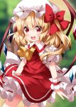  1girl :d ascot bangs blonde_hair blurry blurry_background blush bow crystal eyebrows_visible_through_hair flandre_scarlet hair_between_eyes happy hat hat_bow highres long_hair looking_at_viewer mob_cap open_mouth petticoat puffy_short_sleeves puffy_sleeves red_bow red_eyes red_ribbon red_skirt red_vest ribbon round_teeth ruu_(tksymkw) shirt short_sleeves skirt skirt_set smile solo teeth touhou upper_teeth vest white_headwear white_shirt wings wrist_cuffs 