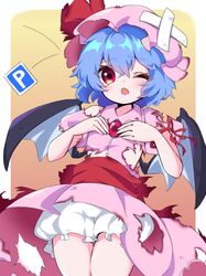  1girl bangs bat_wings bloomers blush brooch crossed_bandaids dress eyebrows_visible_through_hair eyelashes hat jewelry looking_at_viewer mob_cap one_eye_closed pink_dress pink_headwear puffy_short_sleeves puffy_sleeves red_eyes remilia_scarlet shiny shiny_hair short_hair short_sleeves solo tears torn_clothes touhou underwear user_kcgn3755 wings 