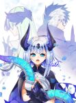  1boy 2girls :o aslaug_(fate) black_gloves black_hair blue_eyes bow_(weapon) bright_pupils brynhildr_(fate) cape circlet fate/grand_order fate/lost_einherjar fate_(series) father_and_daughter glasses gloves holding holding_bow_(weapon) holding_weapon horns lapis429 long_hair looking_at_viewer mother_and_daughter multicolored_hair multiple_girls open_mouth short_hair signature sigurd_(fate) two-tone_hair upper_body weapon white_hair 