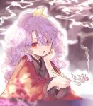  1girl :d biyon hair_over_one_eye hand_on_own_cheek hand_on_own_face holding holding_pipe japanese_clothes kimono kiseru komakusa_sannyo long_hair looking_at_viewer outer_glow pipe ponytail purple_hair red_eyes ribbon simple_background smile smoke solo touhou 